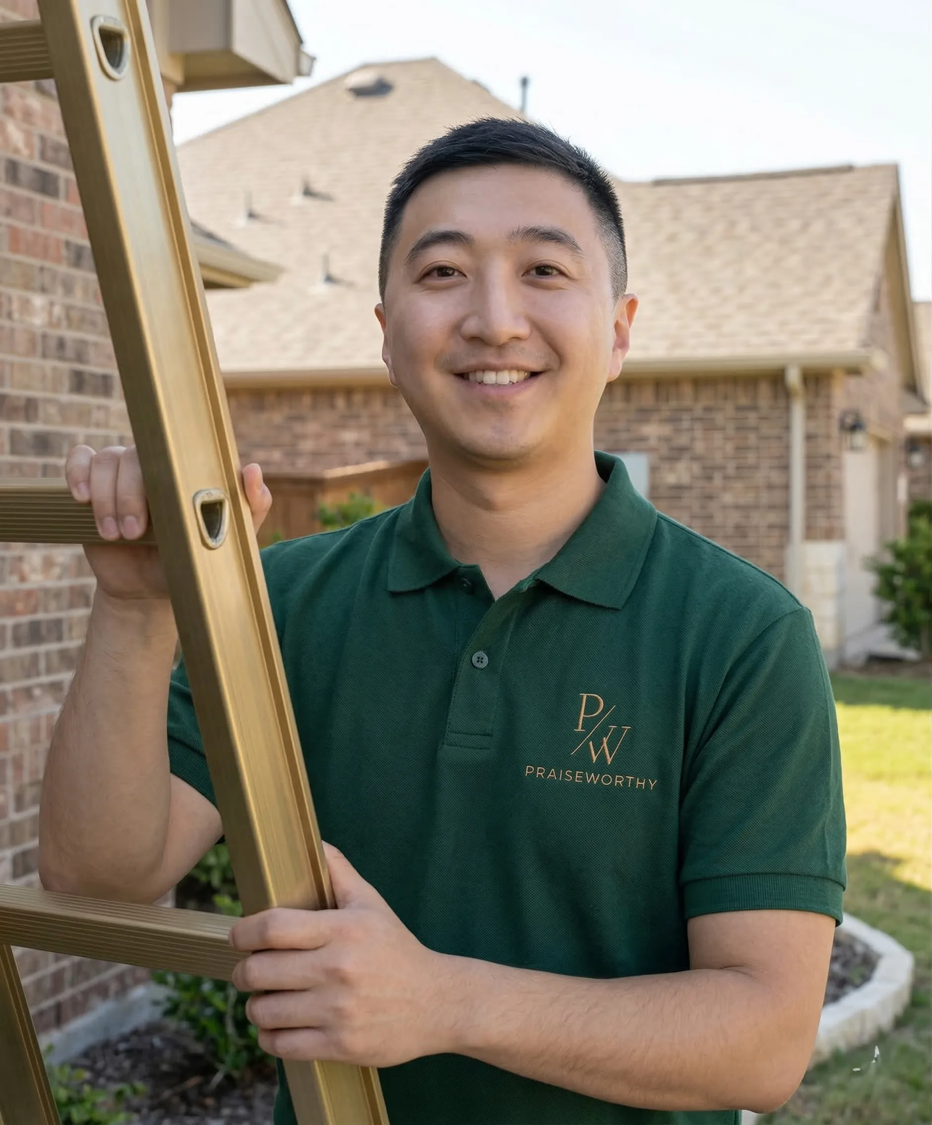 Praise Worthy founder holding a ladder during a residential roofing visit