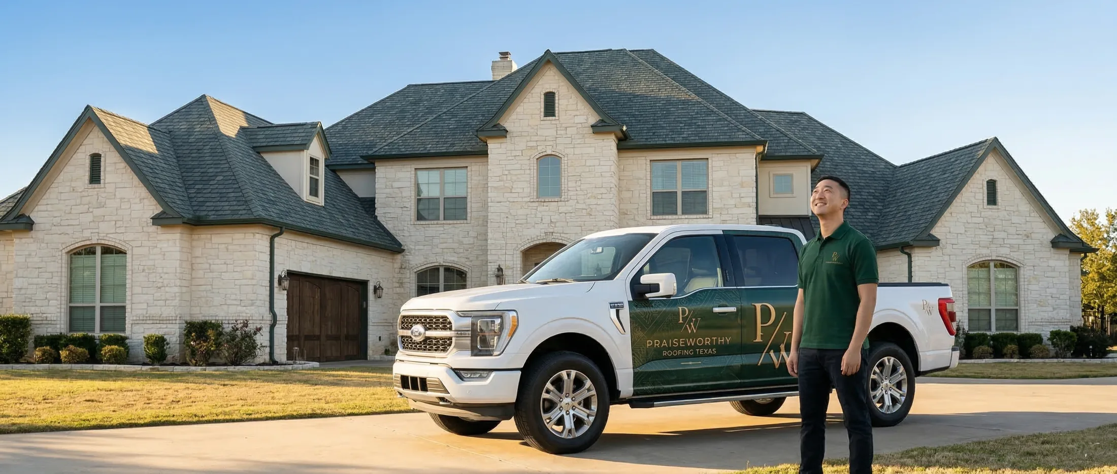 Praise Worthy roofing inspection truck parked outside a DFW home